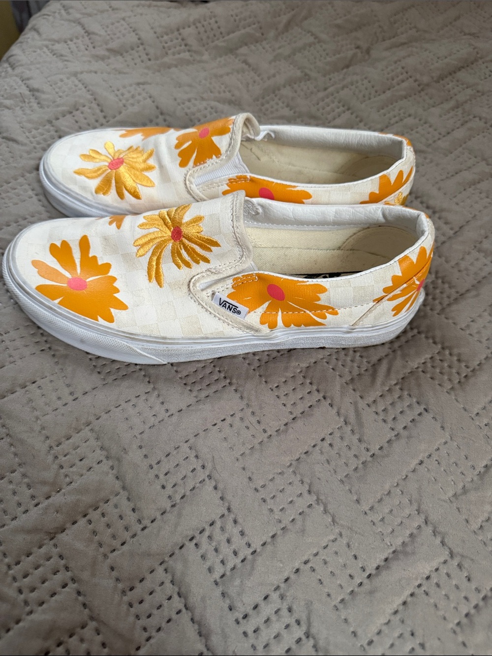 Vans Cream Slip-On Sneakers with Orange and Pink Floral Design
